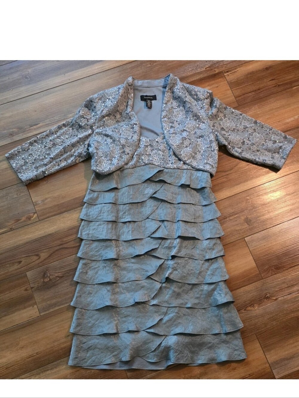 R&M Richards 2-Piece Tiered Ruffle Dress & Sequin Jacket Set - Size 12